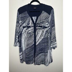 Elie McCarthy Top Tunic Shirt Navy Blue Graphic Print Silky Stretch Size 3X